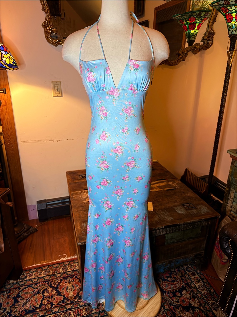 Women’s Light Blue Floral Halter Long Dress
